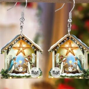Nativity scene Christmas star acrylic earrings hook style silver tone for women